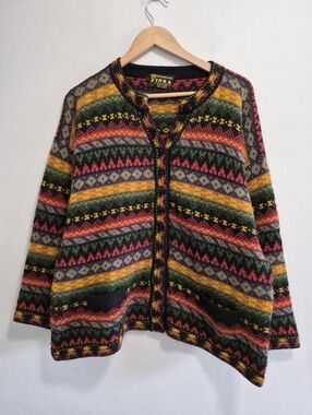 Artesanias del Inka 100% Alpaca Colorful Rainbow Fair Isle Cardigan Sweater XL
